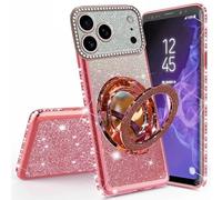 Miagon Bling Case for iPhone 17 Pro Max,Shiny Sparkle Electroplated Bumper Diamond Frame Glitter Makeup Mirror Ring Stand Silicone Protective Cover for Girls Women Rose Gold