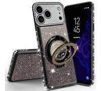 Miagon Bling Case for iPhone 17 Pro Max,Shiny Sparkle Electroplated Bumper Diamond Frame Glitter QuickSand Liquid Ring Stand Silicone Protective Cover Black