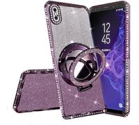 Miagon Bling Case for iPhone XS Max,Shiny Sparkle Electroplated Bumper Diamond Frame Glitter Makeup Mirror Ring Stand Silicone Protective Cover for Girls Women Purple