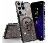 Miagon Bling Case for Samsung Galaxy S21 Ultra,Shiny Sparkle Electroplated Bumper Diamond Frame Glitter Butterfly Stand Silicone Protective Cover for Girls Women
