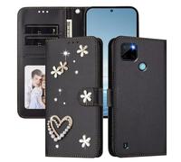 Miagon Glitter Diamond Wallet Phone Case Cover for Realme C21Y/C25Y,Rhinestone Heart Flower Pearl PU Leather Folio Flip Skin Magnetic Closure Card Slots