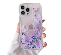 Miagon Luminous Effect Moving Quicksand Butterfly Case for iPhone 14 Pro Max,Noctilucent Glow in the Dark Cover Flowing Glitter Fluorescent Sparkle Liquid Clear Bumper