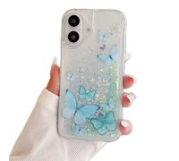Miagon Luminous Effect Moving Quicksand Butterfly Case for iPhone 16,Noctilucent Glow in the Dark Cover Flowing Glitter Fluorescent Sparkle Liquid Clear Bumper