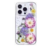 Miagon Real Dry Flower Case for iPhone 13 Pro Max,Bling Glitter Clear Pressed Dried Flowers Hard Cover Girls Women Floral Rubber Girly Aesthetic Sparkle Unique Handmade Bumper