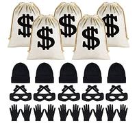 MIAHART 20 Pieces Robber Costume Set, Include Eye Mask Knit Beanie Cap Canvas Dollar Sign Money Bags Bandit for Halloween Cosplay Burglar Theme Party