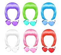 MIAHART 6 Pcs Short Bob Wig and 6 Pcs Sunglass Set, Neon Colored Wigs Colorful Cosplay Wigs Daily Party Hairpieces for Bachelorette Glow in The Dark Neon Party Favors Halloween Decorations Supplies