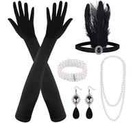 MIAHART 8 Pieces 1920s Flapper Great Gatsby Accessories Set Fashion Roaring 20's Theme Set with Headband Headpiece Long Black Gloves Necklace Earrings for Women (Blue)