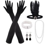 MIAHART 8 Pieces 1920s Flapper Great Gatsby Accessories Set Fashion Roaring 20's Theme Set with Headband Headpiece Long Black Gloves Necklace Earrings for Women (Black)