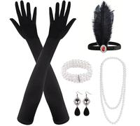 MIAHART 8 Pieces 1920s Flapper Great Gatsby Accessories Set Fashion Roaring 20's Theme Set with Headband Headpiece Long Black Gloves Necklace Earrings for Women (Red)