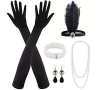 MIAHART 8 Pieces 1920s Flapper Great Gatsby Accessories Set Fashion Roaring 20's Theme with Headband Headpiece Long Black Gloves Necklace Earrings for Women (Green)