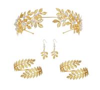 Miaija 4Pcs Greek Goddess Costume Accessories Set Leaf Headpiece Arm Cuff Pearl Leaf Dangle Earring God Roman Jewelry for Women Girls Headdress