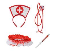 Miaija 4Pieces Nurse Set Stethoscope Garter Syringe Pen and Headband Red White Nurse Costume Accessory for Women Role Play Costume