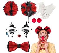 Miaija 7Pieces Clown Halloween Costume Accessories Set Wig Bow Tie Face Stickers Nose White Gloves Role Playing Party Props for Women Adults Halloween Horror Atmosphere