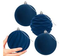 Miaikoe 4 PCS Large Velvet Christmas Balls Ornaments Shatterproof Hanging Set Flocked for Xmas Tree Holiday Party Decorations (Blue,10 CM)