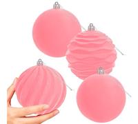 Miaikoe 4 PCS Large Velvet Christmas Balls Ornaments Shatterproof Hanging Set Flocked for Xmas Tree Holiday Party Decorations (Pink,10 CM)