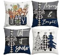 Miaikoe 55x55 cm Christmas Cushion Covers Merry Christmas Joy Xmas Trees Blue and Black Decorative Winter Holiday Cushion Case Decoration for Coach Sofa Set of 4