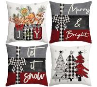 Miaikoe 55x55 cm Christmas Cushion Covers Merry Christmas Joy Xmas Trees Red and Black Decorative Winter Holiday Cushion Case Decoration for Coach Sofa Set of 4