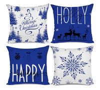 Miaikoe Blue Christmas Cushion Covers 50x50 Set of 4 Christmas Decorations Happy Holidays Holly Jolly Snowflake Merry Christmas Decor Throw Cushion Case for Home Couch Sofa Deco