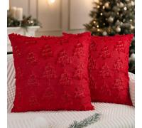 Miaikoe Christmas Cushion Covers 40x40 cm Set of 2 Decorative Throw Pillow Case Soft Plush Faux Fur Xmas Tree Gold Lines for Holiday Winter Living Room Sofa Red