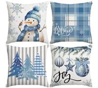 Miaikoe Christmas Cushion Covers 45x45 cm Set of 4, Decorative Farmhouse Snowman Joy Believe Christmas Tree Blue Pillow Covers for Winter Holiday Home Decor Decoration