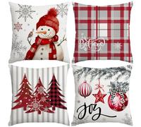 Miaikoe Christmas Cushion Covers 50x50 cm Set of 4, Decorative Farmhouse Snowman Joy Believe Christmas Tree Red Pillow Covers for Winter Holiday Home Decor Decoration