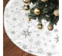 Miaikoe Christmas Tree Skirt, 36 inches Large Silver Snowflake White Faux Fur Thick Plush Xmas Tree Skirt Ornaments for Holiday Christmas New Year Decorations (90cm)