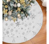 Miaikoe Christmas Tree Skirt, 90CM Silver Snowflake Christmas Trees Splicing White Faux Fur Thick Plush Xmas Tree Skirt for Holiday Christmas New Year Decorations (White/Silver)