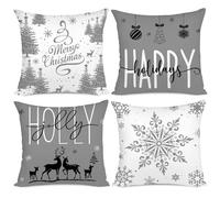 Miaikoe Grey Christmas Cushion Covers 50x50 Set of 4 - Happy Holidays Holly Jolly Snowflake Merry Decor Throw Case for Home Couch Sofa Deco
