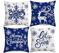 Miaikoe Merry Christmas Cushion Covers 40x40cm Snowflakes Let it Snow Moose Winter Holiday Blue Cushion Cases for Christmas Holiday Coach Sofa Decorations Set of 4