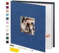 Miaikoe Photo Album Self Adhesive Scrapbook Album for 4x6 5x7 8x10 Pictures,60 Pages Linen Cover Album with Display Window DIY Book with A Metallic Pen and Scraper (Blue)