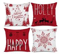 Miaikoe Red Christmas Cushion Covers 50x50 Set of 4 Christmas Decorations Happy Holidays Holly Jolly Snowflake Merry Christmas Decor Throw Cushion Case for Home Couch Sofa Deco