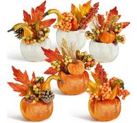 Miaikoe Set of 6 Artificial Pumpkin Decorations, Autumn Decorative Fabric Orange Pumpkin with Maple Berry Acorn Pine Cone Vegetables for Fall Thanksgiving Harvest Party Home Tabletop