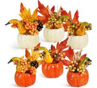 Miaikoe Set of 6 Artificial Pumpkin Decorations, Autumn Decorative Orange Pumpkin with Maple Berry Acorn Pine Cone Vegetables for Fall Thanksgiving Harvest Party Decoration
