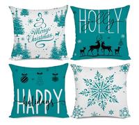 Miaikoe Teal Christmas Cushion Covers 50x50 Set of 4 Christmas Decorations Happy Holidays Holly Jolly Snowflake Merry Christmas Decor Throw Cushion Case for Home Couch Sofa Deco
