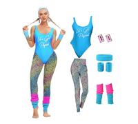 MIAIULIA Womens 80s Workout Costume Outfit 80s Accessories Set Leotard Neon Legging Headband Wristbands Set, Let's Get Physical Blue, Medium