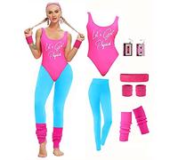 MIAIULIA Womens 80s Workout Costume Outfit 80s Accessories Set Leotard Neon Legging Headband Wristbands Set, Lets Get Physical Pink2, Large