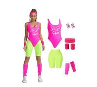 MIAIULIA Womens 80s Workout Costume Outfit 80s Accessories Set Leotard Neon Legging Headband Wristbands Set, Lets Get Physical Short Pink, Large