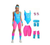 MIAIULIA Womens 80s Workout Costume Outfit 80s Accessories Set Leotard Neon Legging Headband Wristbands Set, Lets Get Physical Short Blue, Medium