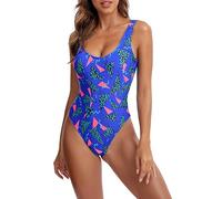 MIAIULIA Women's Retro 80s/90s Inspired High Cut Low Back Padding One Piece Swimwear Bathing Suits, 90s Pattern Royalblue, Medium