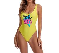MIAIULIA Women's Retro 80s/90s Inspired High Cut Low Back Padding One Piece Swimwear Bathing Suits, Back to 80 Print Yellow, Large