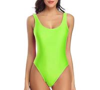 MIAIULIA Women's Retro 80s/90s Inspired High Cut Low Back Padding One Piece Swimwear Bathing Suits, Fluorescent Green, Small