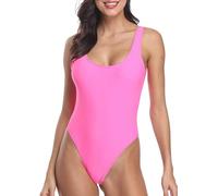 MIAIULIA Women's Retro 80s/90s Inspired High Cut Low Back Padding One Piece Swimwear Bathing Suits, Pink with Padding, Large