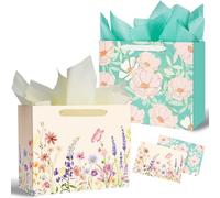 Miakutho 13" Large Gift Bag with Tissue Paper and Card (Floral Design, Gold Foil Accents), 2 Pack Paper Bags with Ribbon Handle for Girls & Women, Birthdays, Baby Shower, Weddings