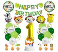 MiaLover 1 Years Jungle Birthday Decoration Set Happy Birthday Banner Safari Forest Animal Latex Balloon Foil Balloon Cake Decoration for Decoration Boy Girl 1th Birthday Jungle Baby Shower