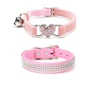 MiaLover 2 Pieces Rhinestone Adjustable Dog Collars Leather Glitter Dog Collars Bling Cat Collar Peach Heart Bell for Small Dogs and Cats Dog Decoration Gift Two Styles (Pink)