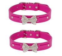 MiaLover 2 Pieces Rhinestone Adjustable Dog Collars Leather Glittering Dog Collars Bling Cat Collar Bow Rhinestones for Small Dogs and Cats Dog Decor Gift, Wine Red