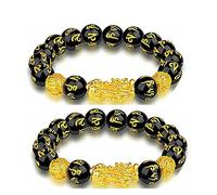 MiaLover 2Pcs Feng Shui Bead Bracelets Chinese Pi Xiu Bracelet Black Obsidian Pixiu Bracelet with Tiger Eye and Double Pixiu Lucky Brave Troops Charms Jewellery for Lucky Wealth, 16.5cm, Rubber