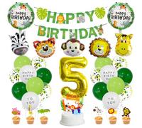 MiaLover 5 Years Jungle Birthday Set - Happy Banner, Safari Forest Animal Latex and Foil Balloons, Cake Decoration for Boy Girl 5th Jungle Baby Shower