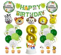 MiaLover 8 Years Jungle Birthday Set - Happy Banner, Safari Forest Animal Latex and Foil Balloons, Cake Decoration for Boy Girl 8th Birthday and Jungle Baby Shower