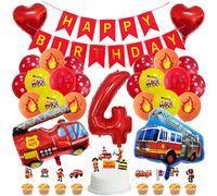 MiaLover Birthday Decoration Set Happy Birthday Banner Foil Balloon 4st Birthday Balloon Latex Balloon Fire Brigade Decoration Cake Topper for Fire Truck Themed Party Deco Birthday Decoration